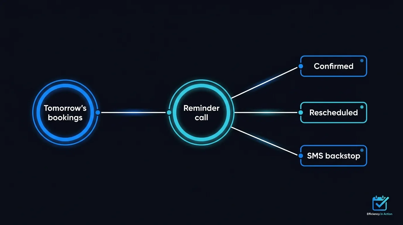 Diagram of an AI voice agent reminder call confirming or rescheduling a booking the day before the appointment