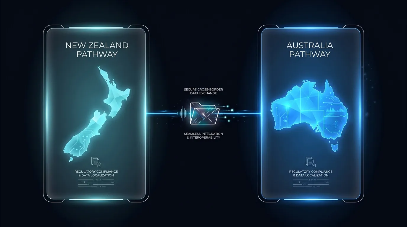 Split diagram of NZ and AU breach notification flows for AI voice agent call recordings
