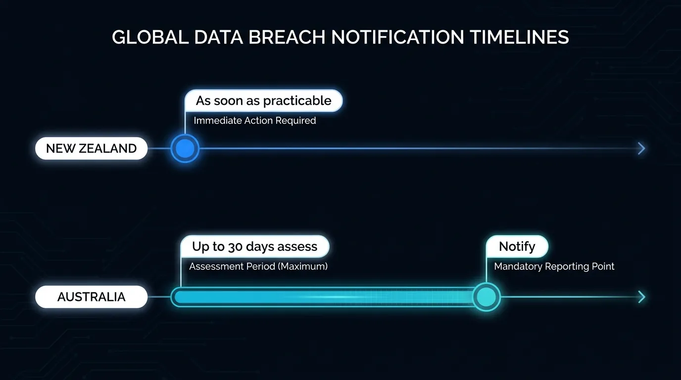 Timeline comparing NZ as-soon-as-practicable reporting with Australia 30-day assessment window