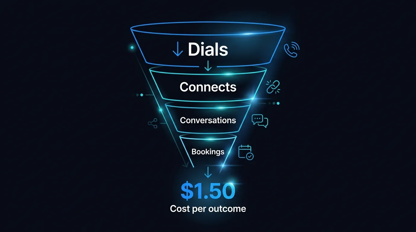 Funnel diagram showing dials narrowing to connects then conversations then bookings with a dollar cost per outcome