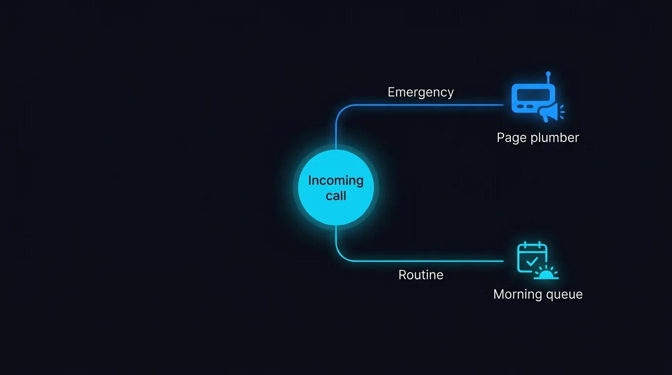 Triage flow showing how an apartment AI agent rates call urgency and routes to plumber or morning queue