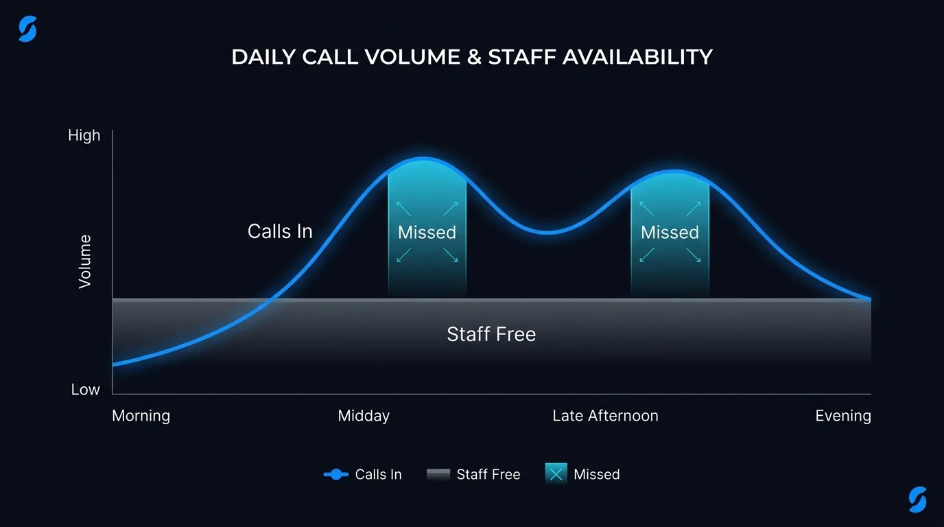 Diagram showing dealership call volume peaking when staff are busiest, leaving sales and service calls missed
