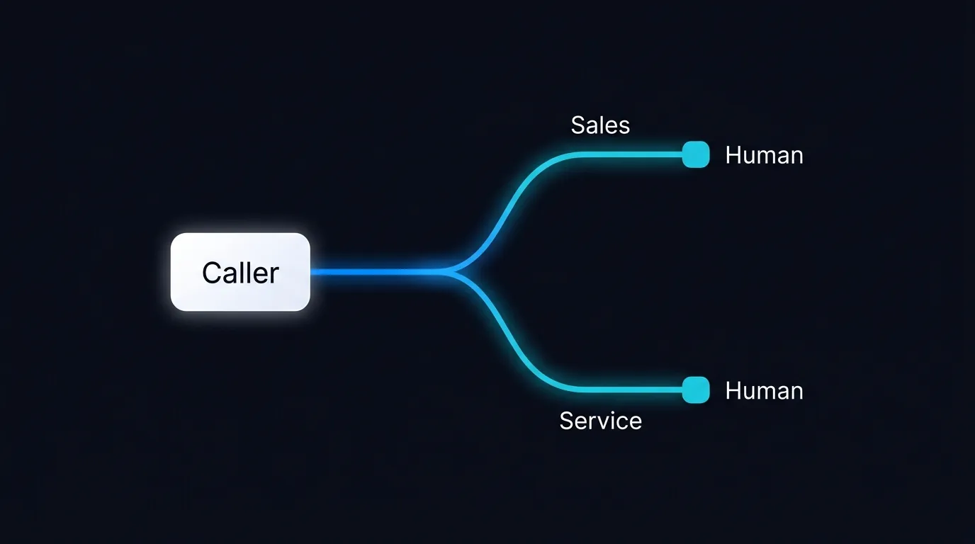 Flow diagram of a dealership call routed by an AI voice agent to sales or service with human handoff