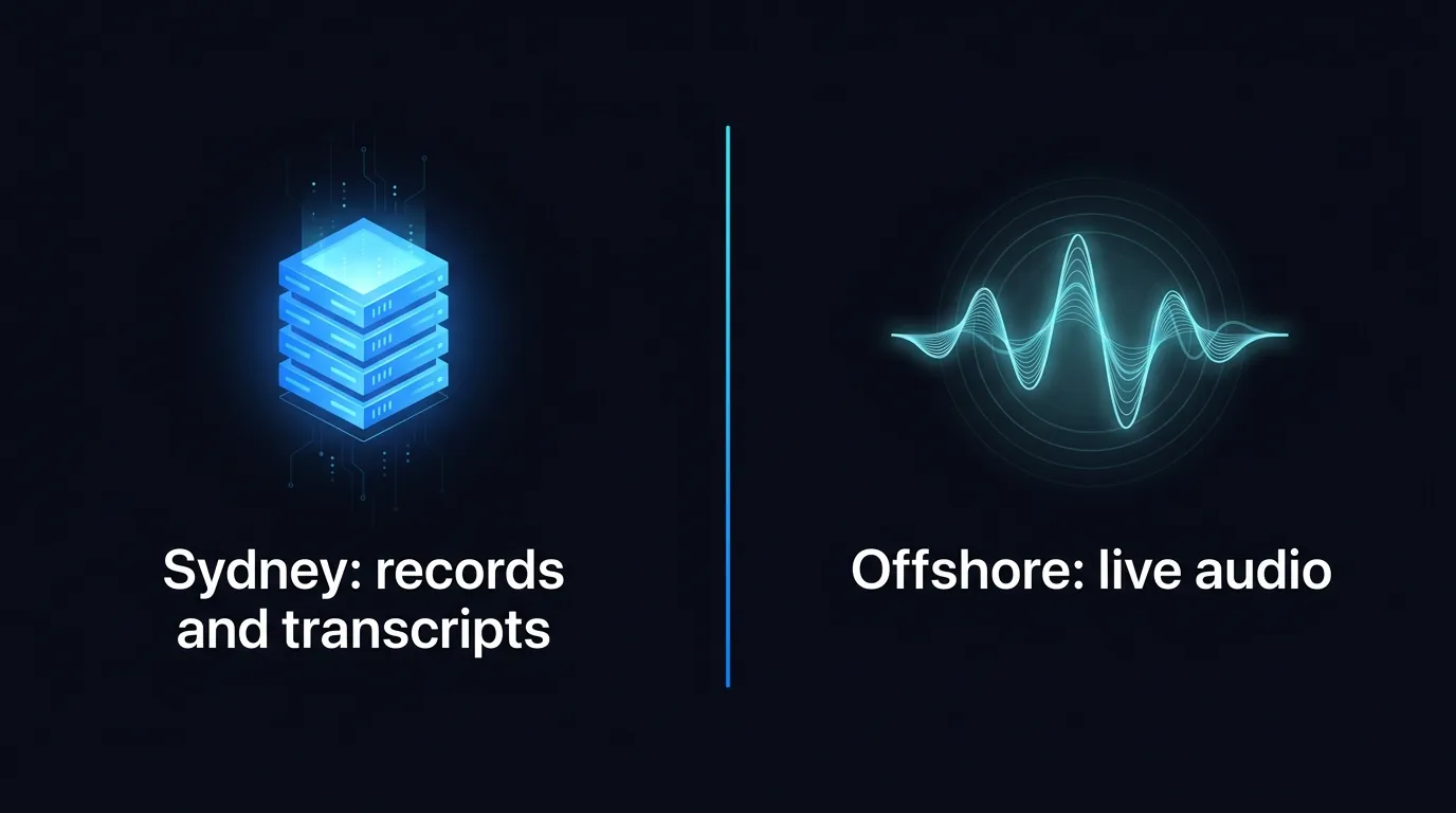 Diagram of childcare data residency split with structured records in Sydney and audio offshore