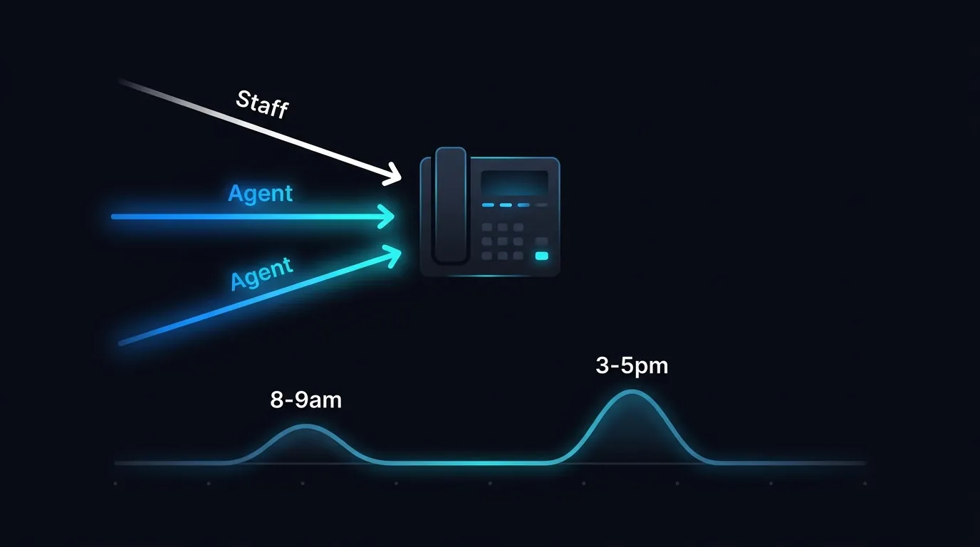Diagram of a childcare morning call rush with the AI voice agent answering overflow lines