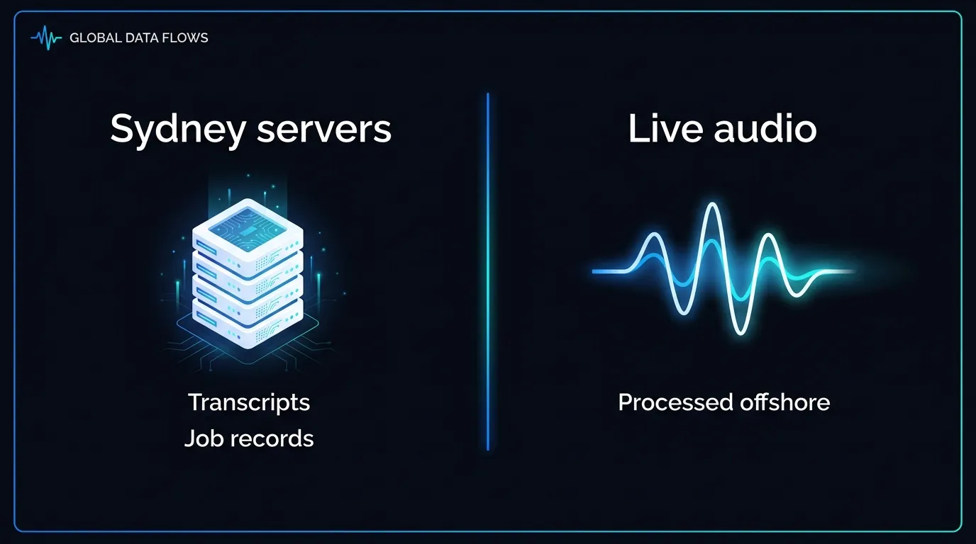 Diagram showing structured job records on Sydney servers and live audio processed offshore for an AI voice agent