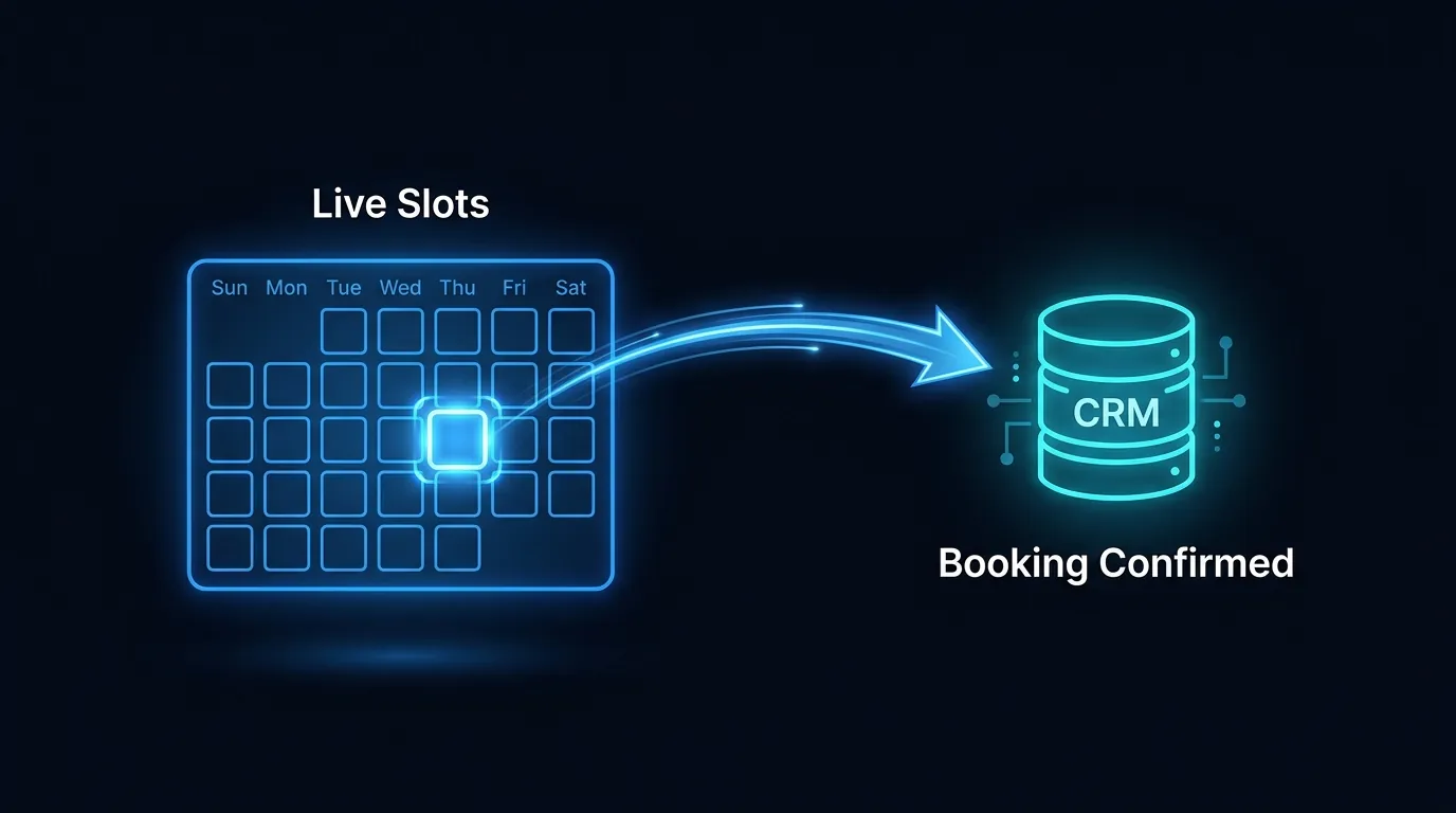 Inspection booking flow with real-time calendar slots writing back to the agency CRM