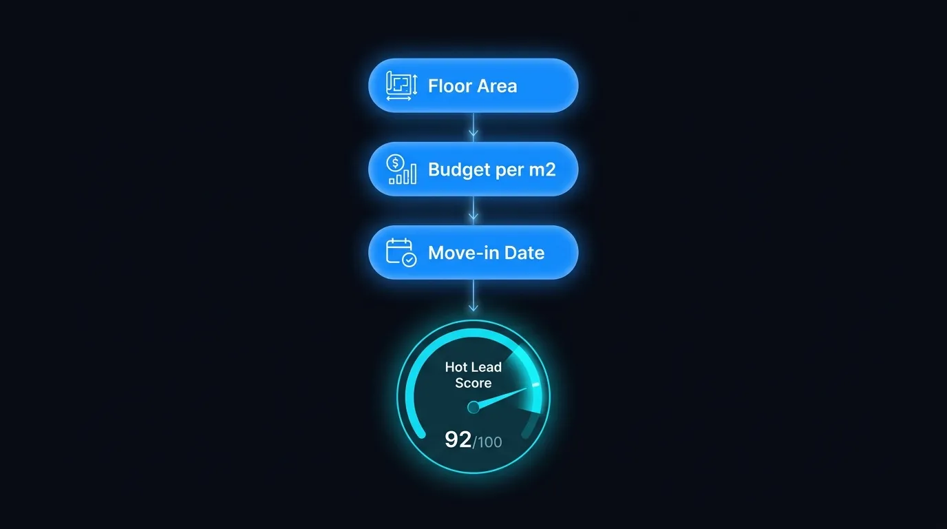 Qualifying flow showing floor area, budget per square metre and move-in date feeding a hot lead score
