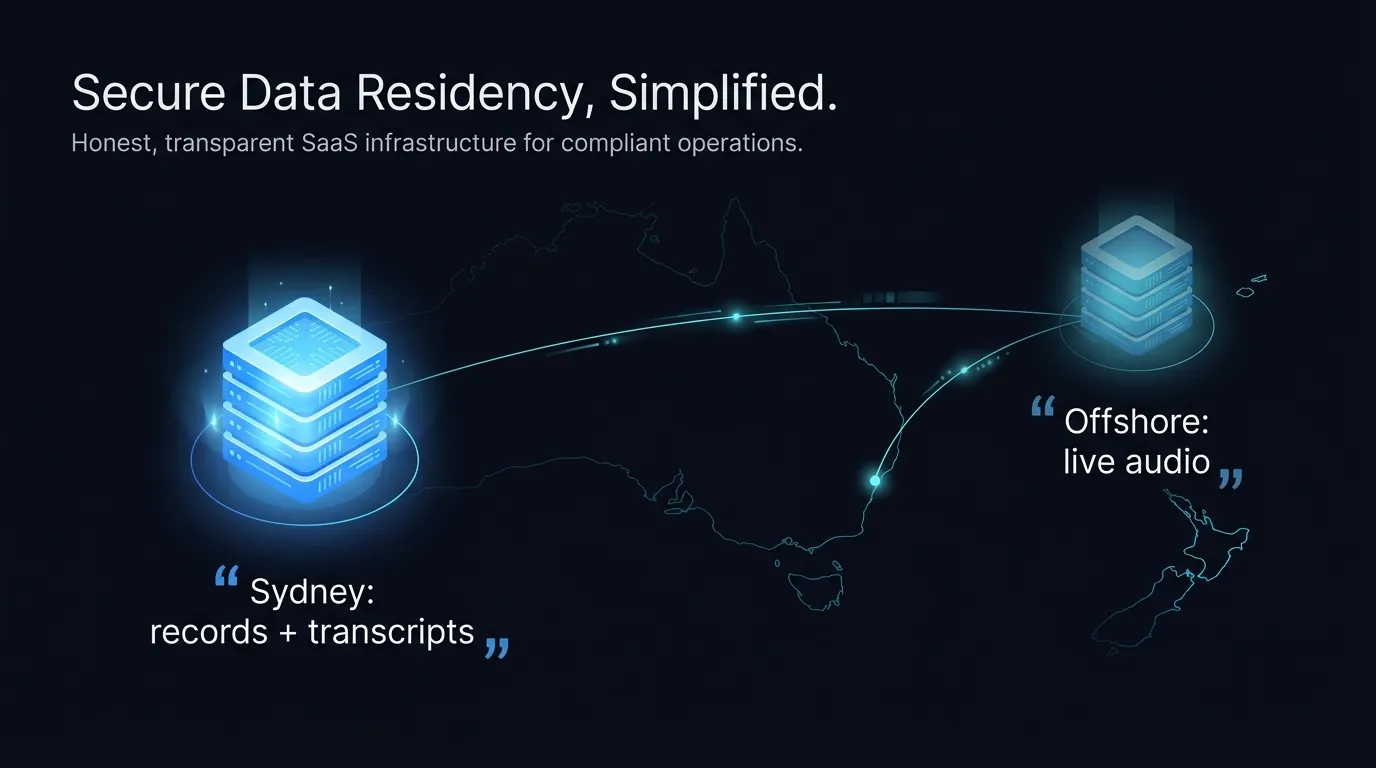 Map showing structured records held in Sydney and live call audio processed offshore for privacy