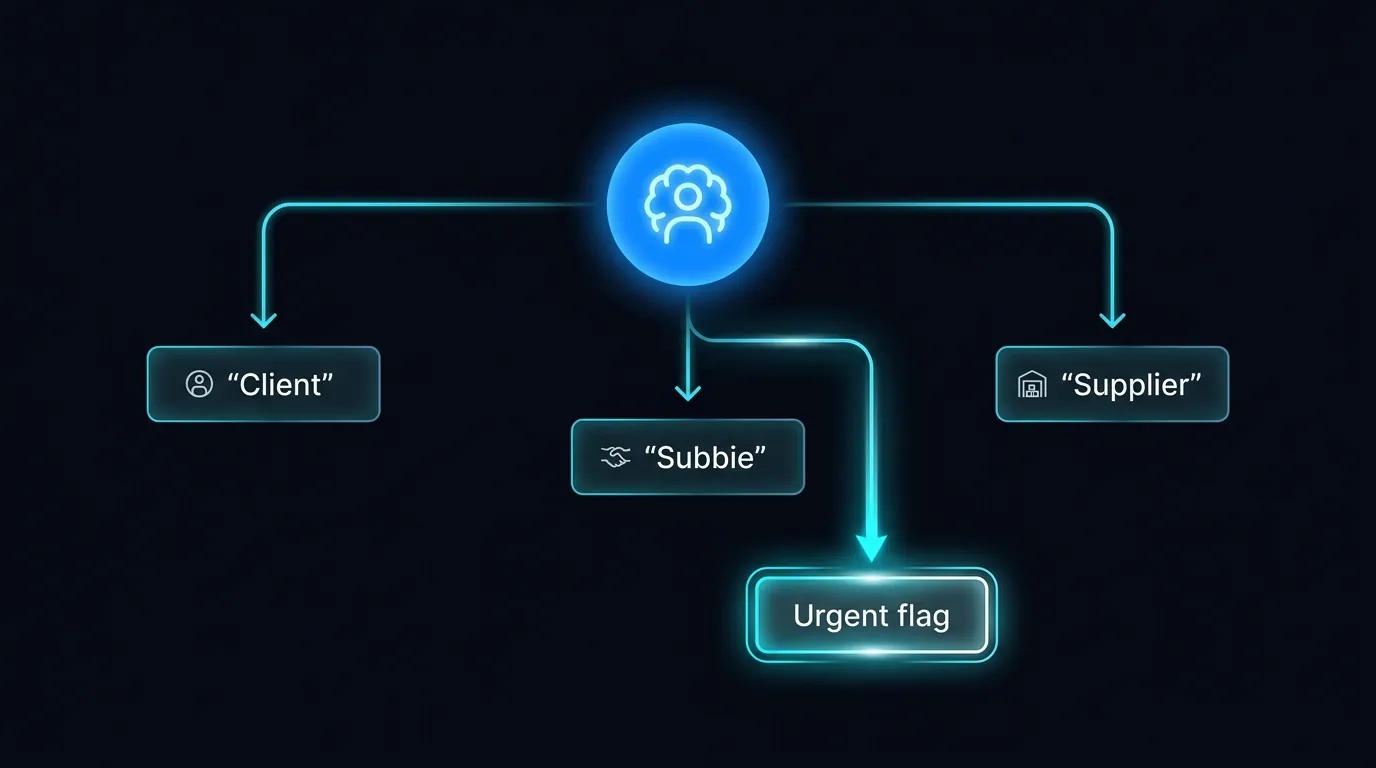 Diagram showing an AI voice agent routing client, subbie and supplier calls for a builder