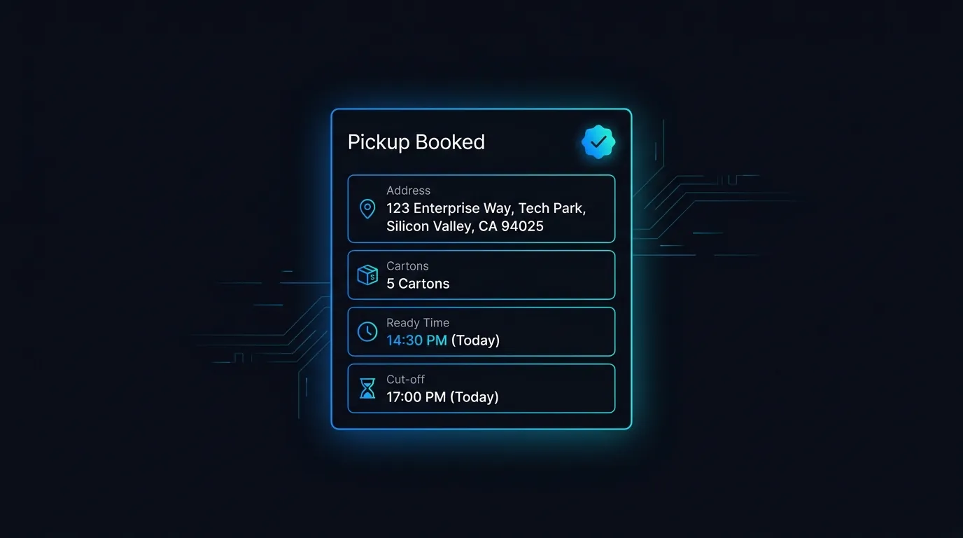 Infographic of a pickup booking captured by the agent with address, carton count and ready time fields