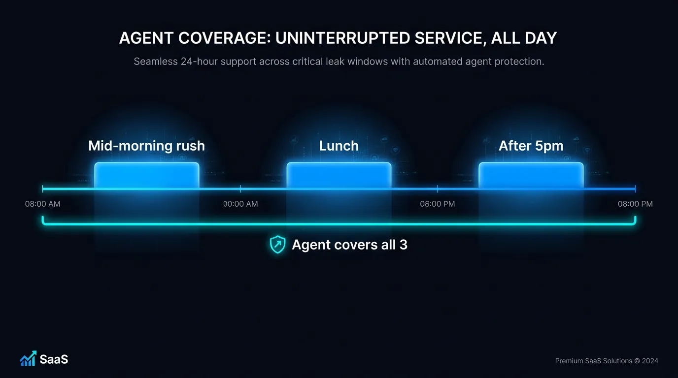 Diagram of three dental call leak windows: lunch, mid-morning rush and after 5pm, all covered by the agent