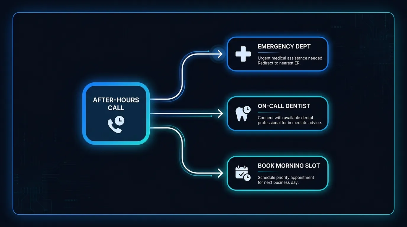 After-hours dental triage flow showing emergency escalation, on-call routing and next-morning booking decisions
