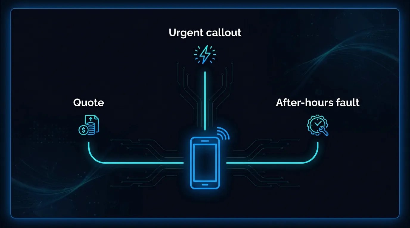 Triage flow sorting an electrical caller into urgent callout, quote booking, or after-hours fault with clear routing