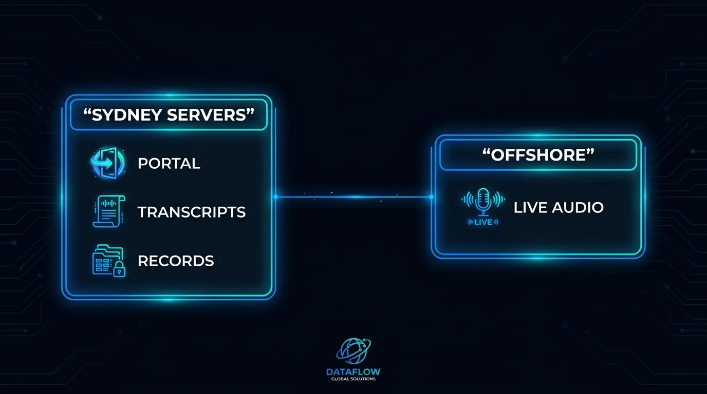 Diagram of gym member data residency split between Sydney servers for records and offshore live audio processing