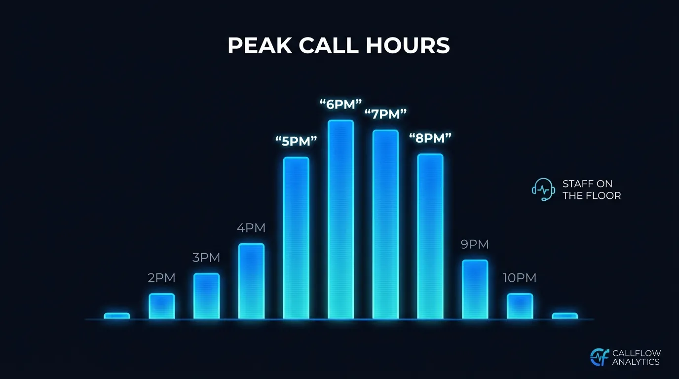 Infographic showing gym enquiry calls peaking between 5pm and 8pm when front desk staff are coaching classes