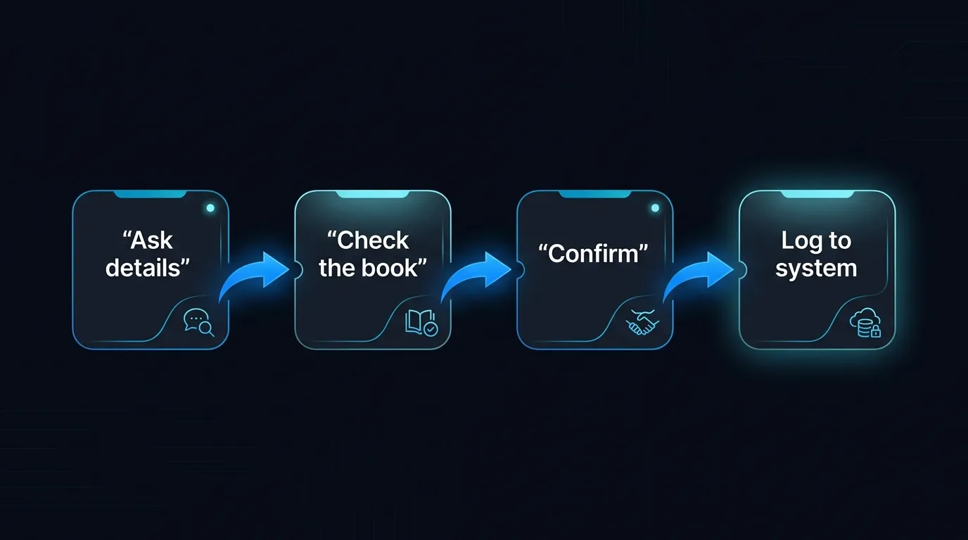 Flow of an AI agent taking a restaurant reservation: ask details, check book, confirm, log to system