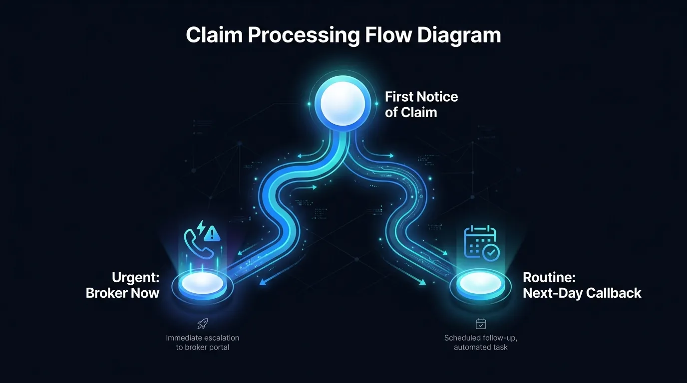 Flow showing first notice of claim triage splitting urgent claims to a broker and routine ones to a callback
