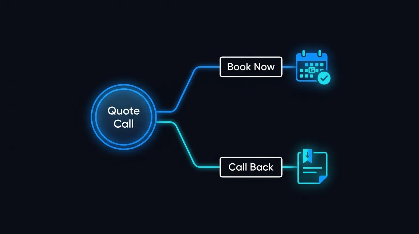 Infographic showing a quote call splitting into book-now jobs and call-back jobs handled by an AI agent
