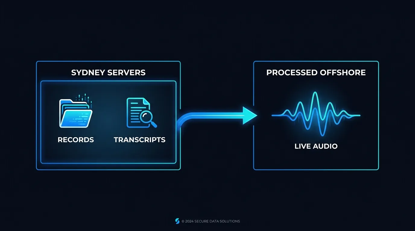 Infographic showing structured records on Sydney servers and live audio processed offshore for an AI voice agent