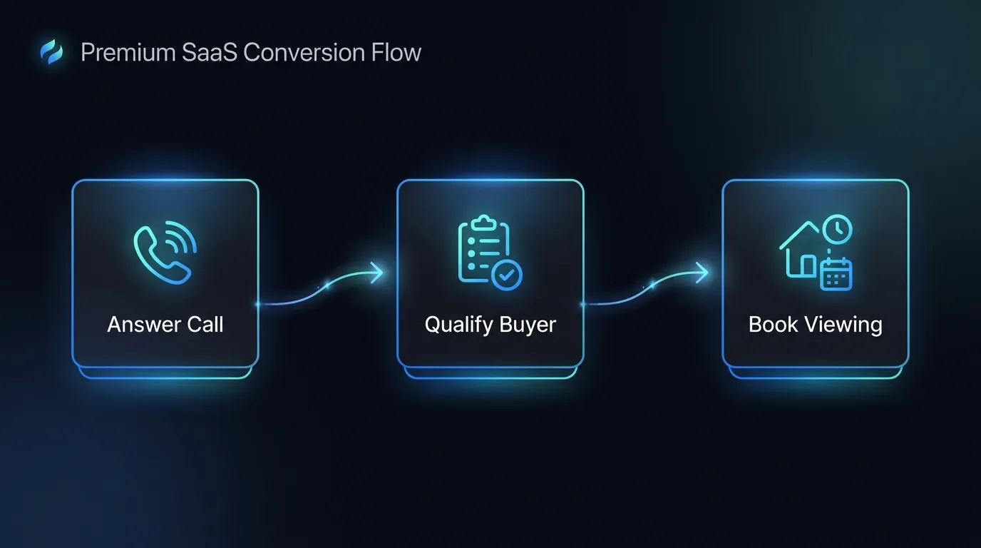 Diagram of an AI voice agent answering a luxury property call, qualifying the buyer and booking a private viewing