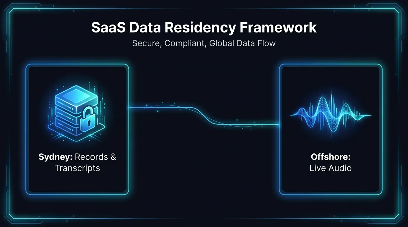 Honest data residency split showing Sydney records on our servers and live audio processed offshore for NZ and AU agencies