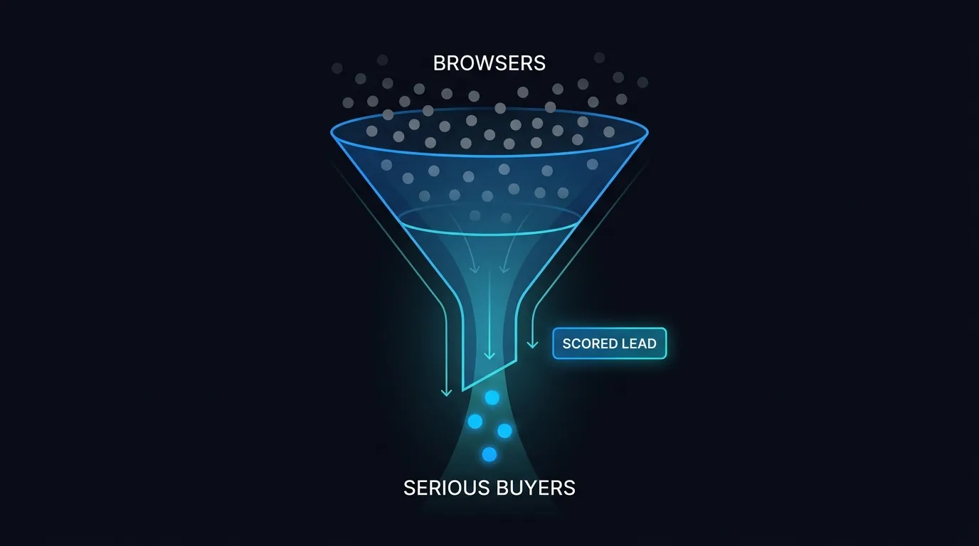 Lead qualification funnel showing browsers filtered out and serious luxury buyers scored and passed to the agent