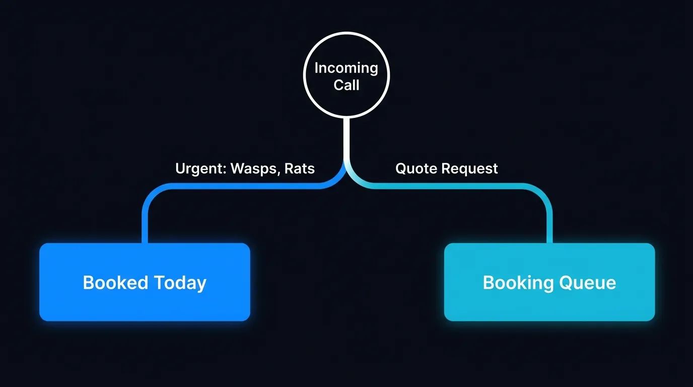 Diagram showing an incoming pest control call splitting into urgent infestation versus routine quote paths