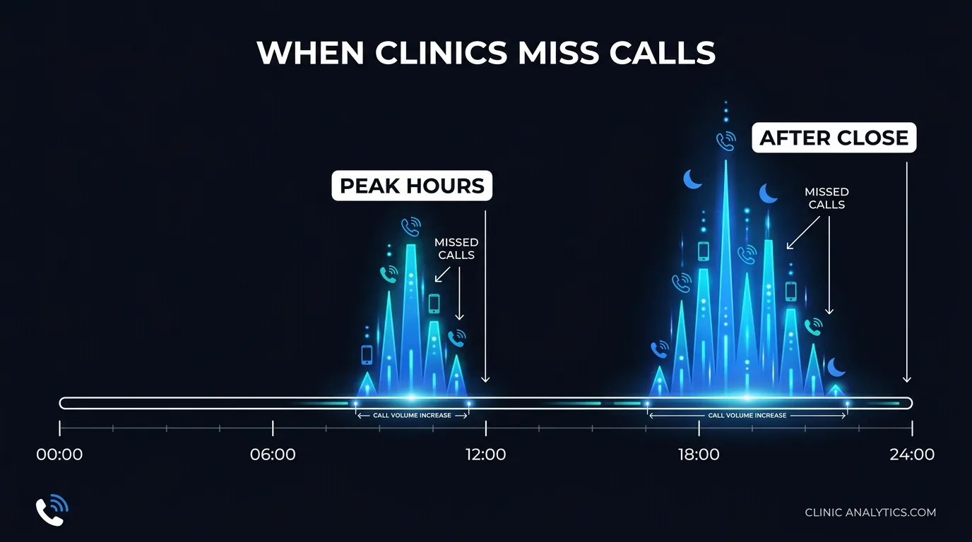 Infographic showing when physiotherapy clinics miss the most calls across the working day and after hours