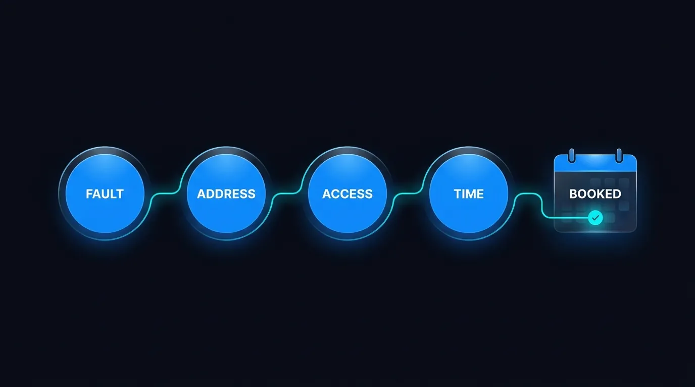 Flow of an AI voice agent capturing fault and address then writing a plumbing job into the diary