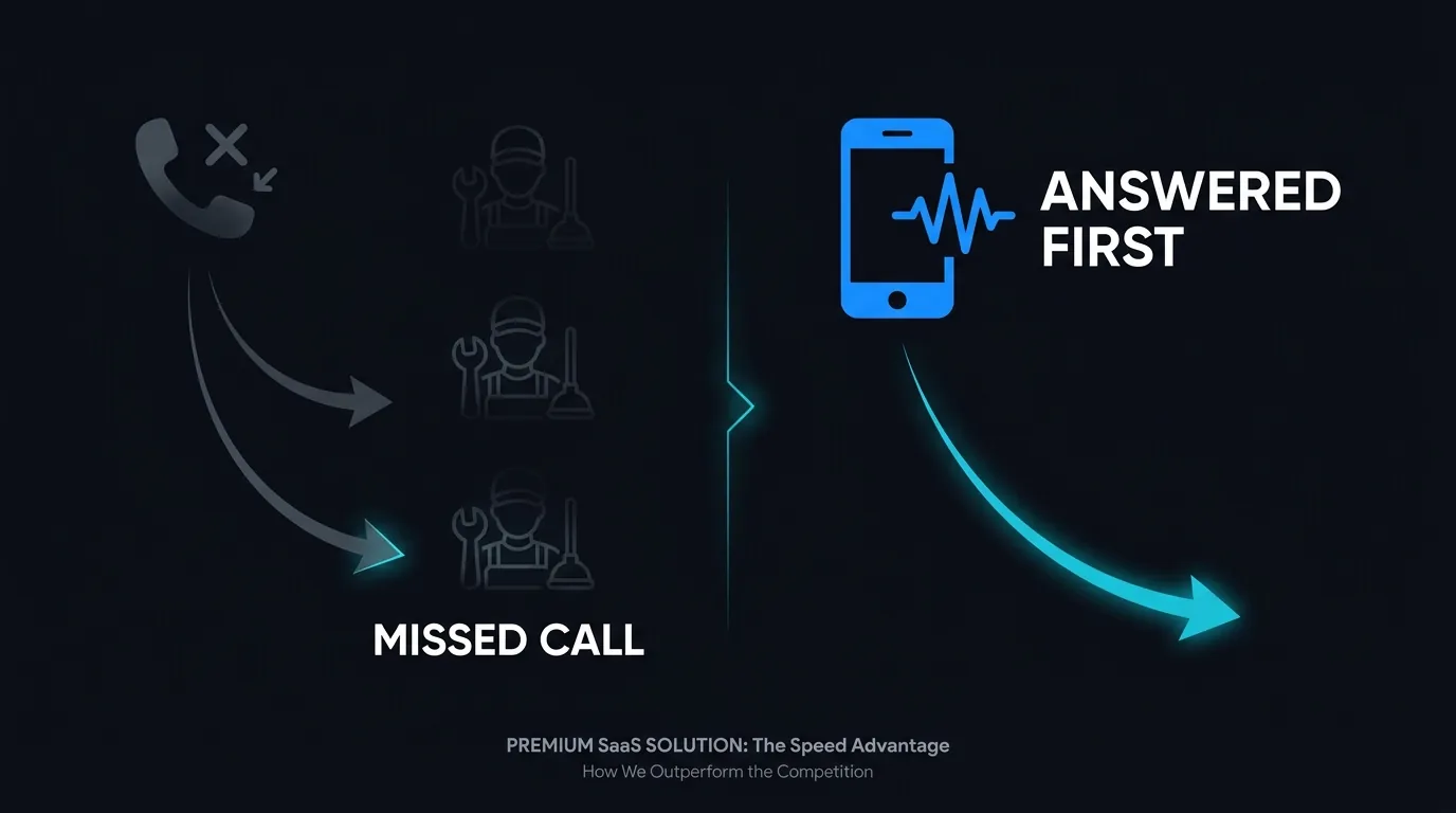 Diagram showing a missed plumber call ringing down a list of competitors versus an instant AI pickup