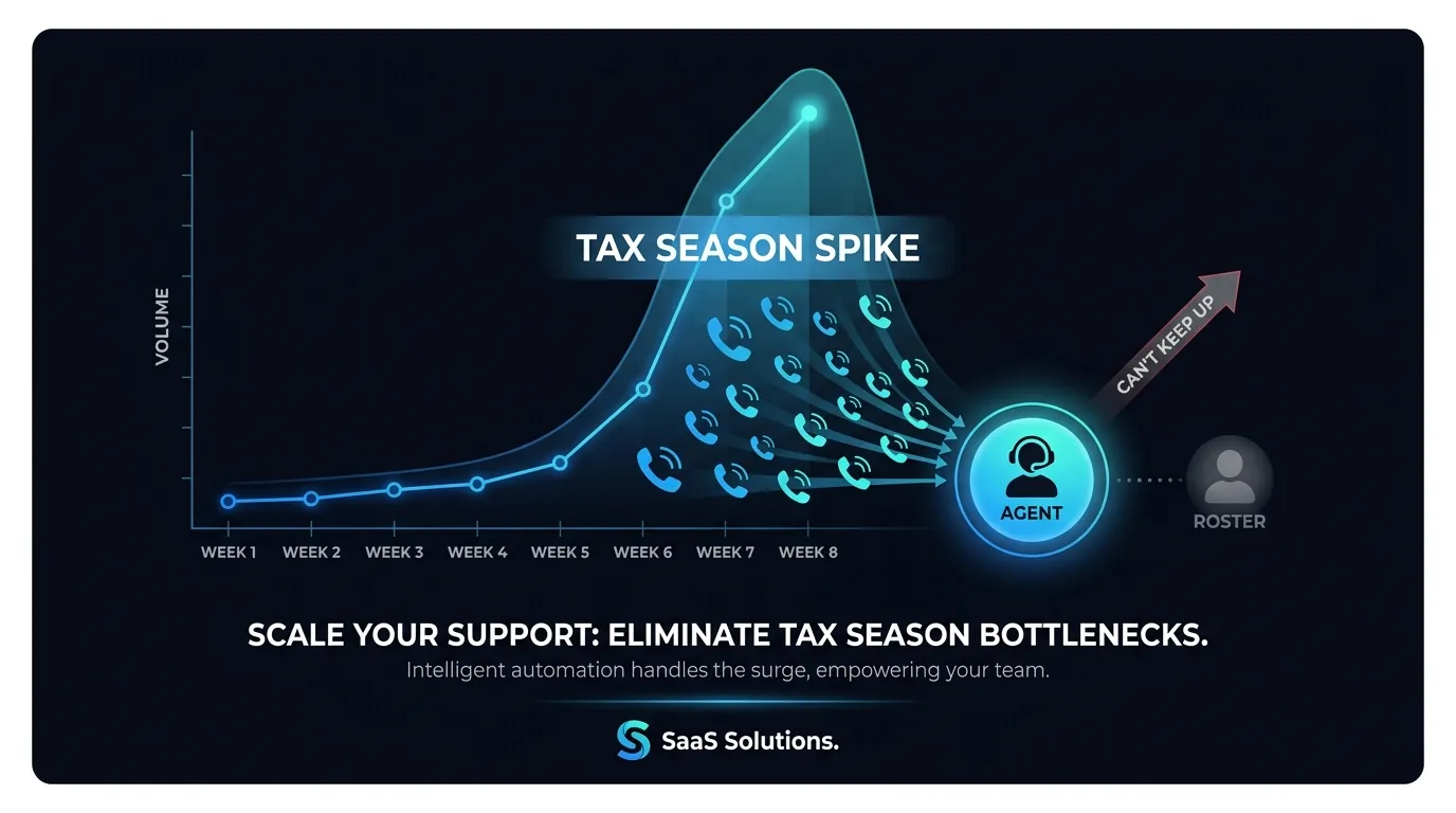 Diagram of tax-season call spike absorbed by an AI voice agent versus voicemail overflow