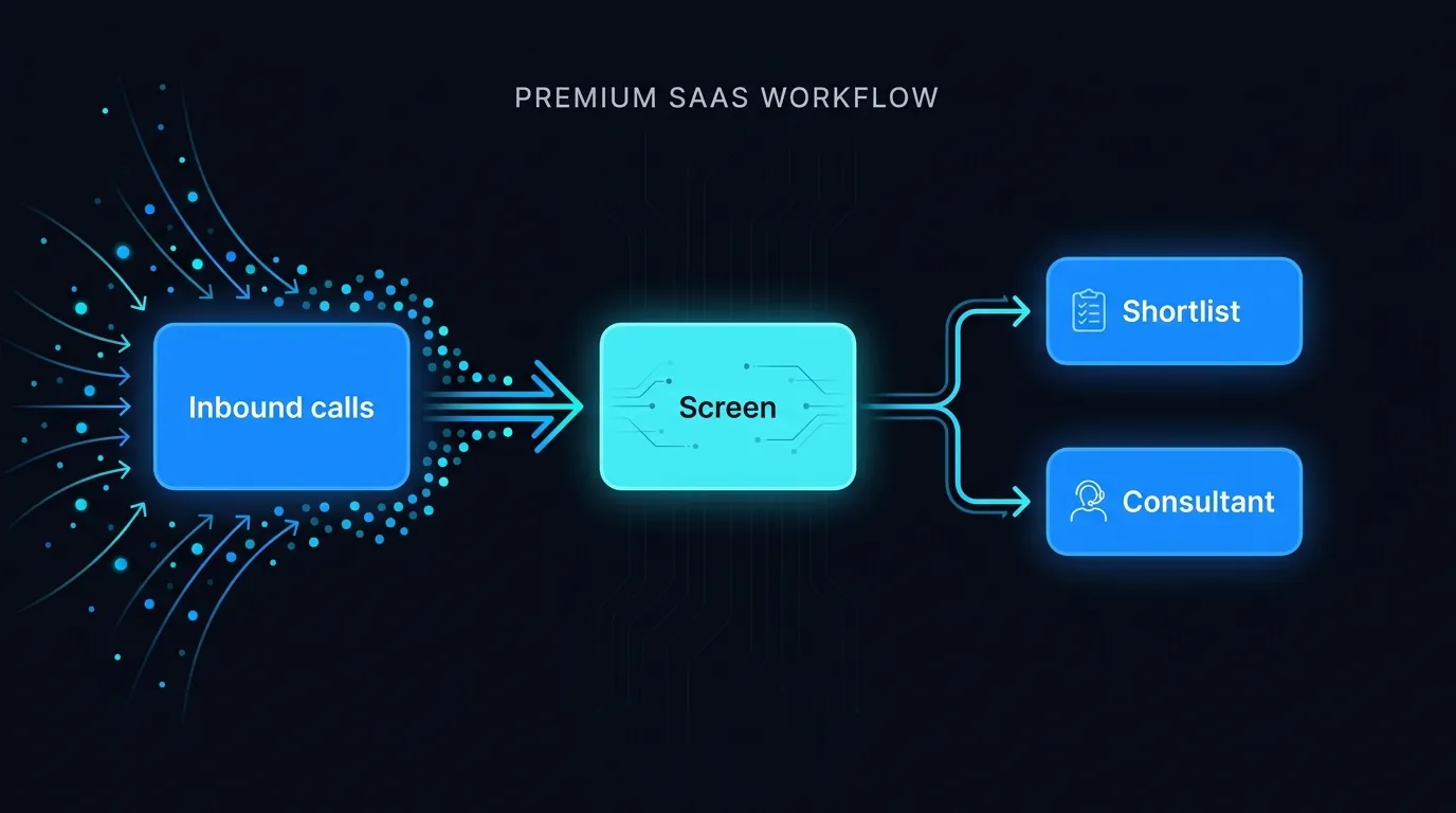 Diagram of an AI voice agent screening candidate calls and routing a shortlist to recruitment consultants