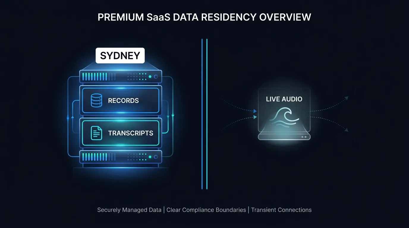 Honest data residency split showing Sydney servers for records and offshore processing for live call audio