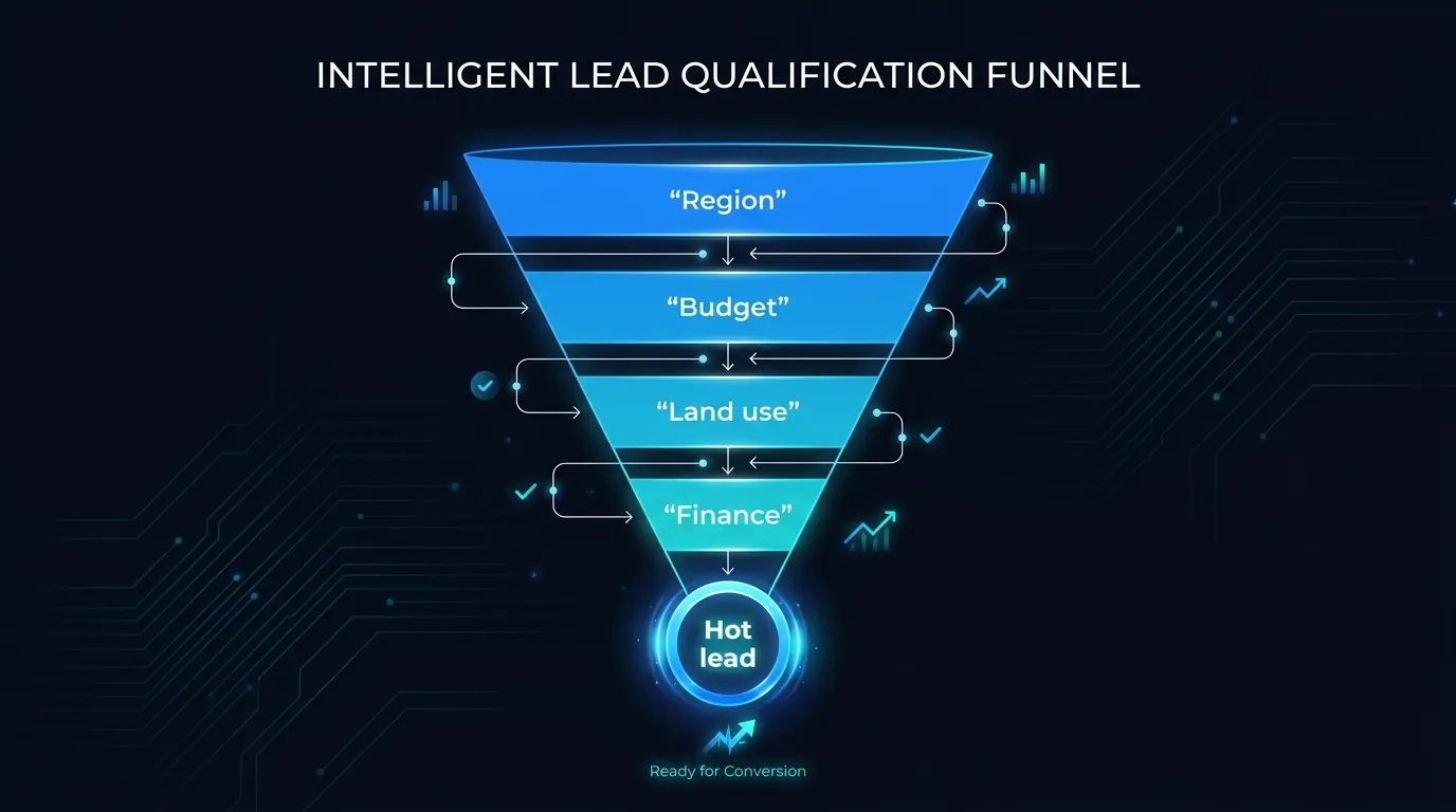 Diagram showing an AI agent qualifying a rural property buyer by region, budget, land use and finance