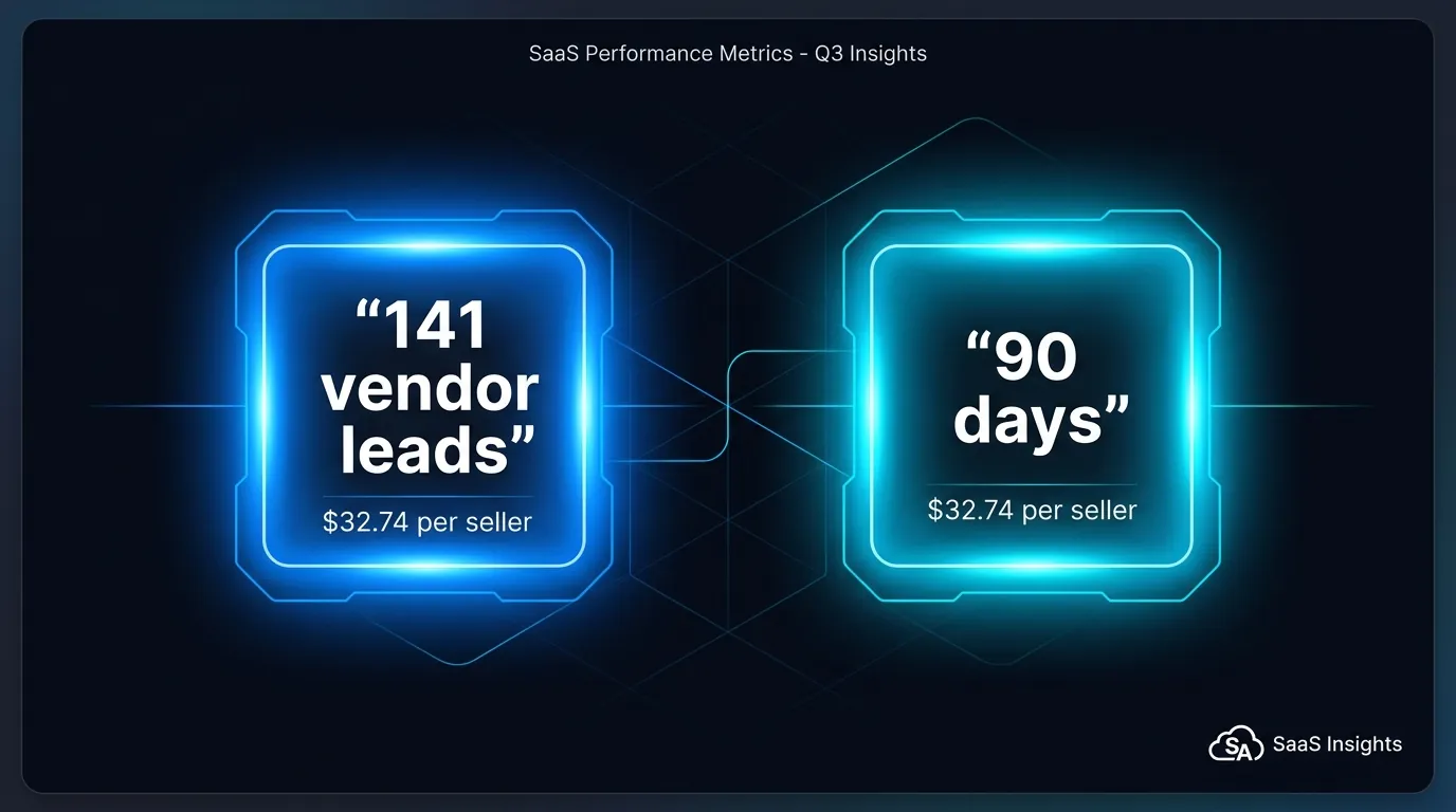 Infographic showing 141 vendor leads captured over 90 days at 32.74 dollars per seller