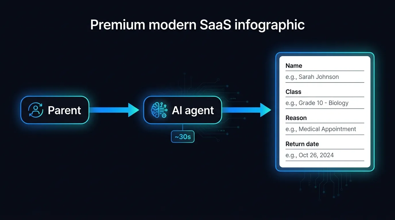 Flow of an absence call from parent to AI agent to structured roll record with name, class, reason and return date
