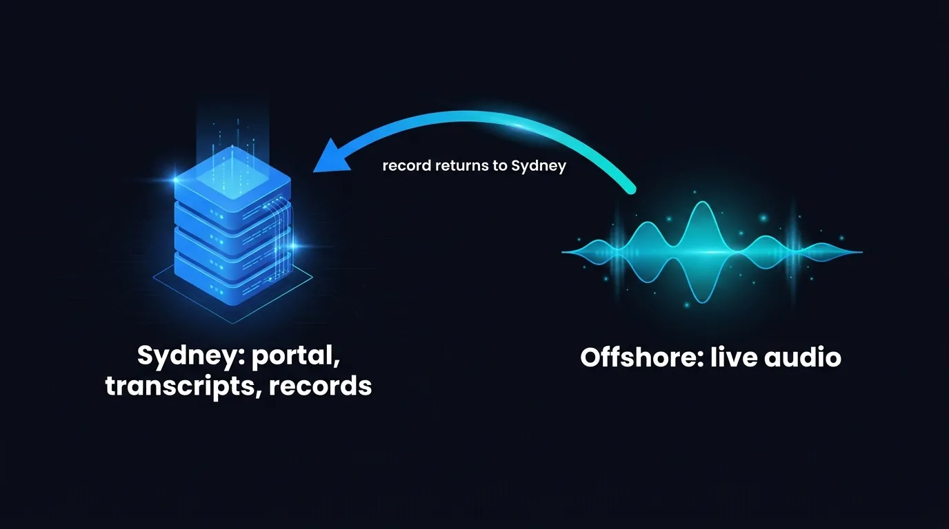 Honest data residency split showing Sydney servers for portal and transcripts and offshore live audio processing