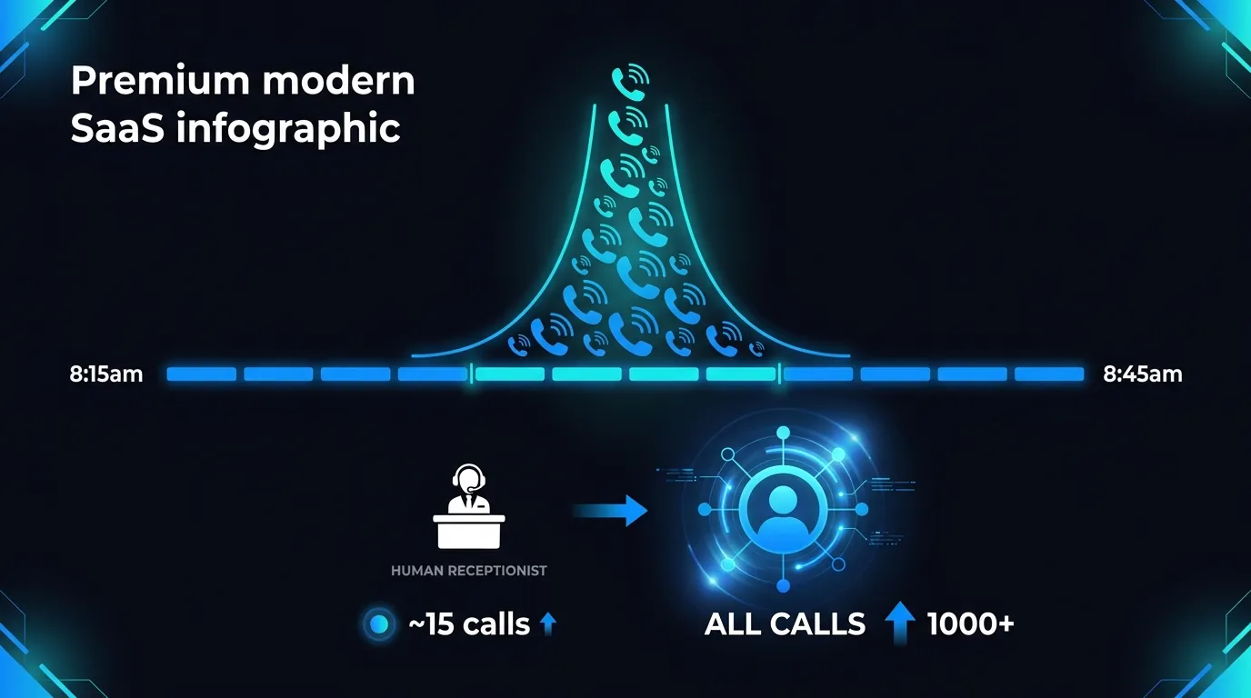 Diagram of a school office phone queue at 8:35am with parents on hold while an AI agent answers every line