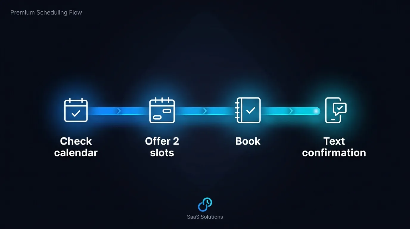 Booking flow where an AI agent checks a vet calendar, offers two open slots and texts a confirmation
