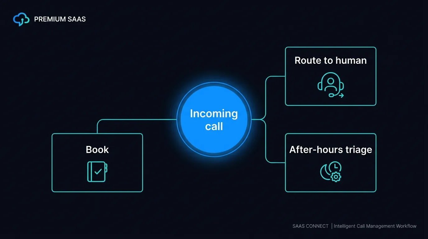 Diagram showing an AI voice agent for a vet clinic routing booking, owner and emergency calls