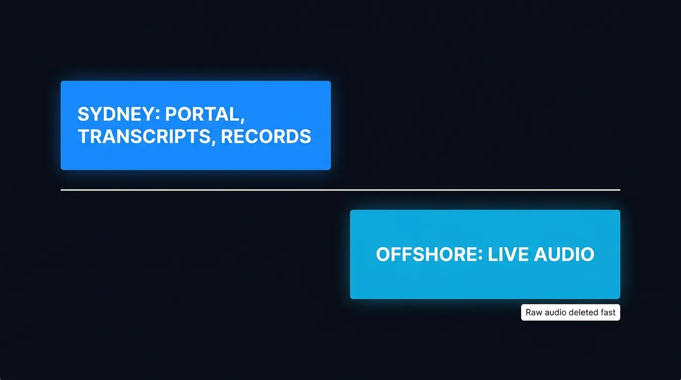 Data residency split showing vet portal and transcripts in Sydney and live audio processed offshore