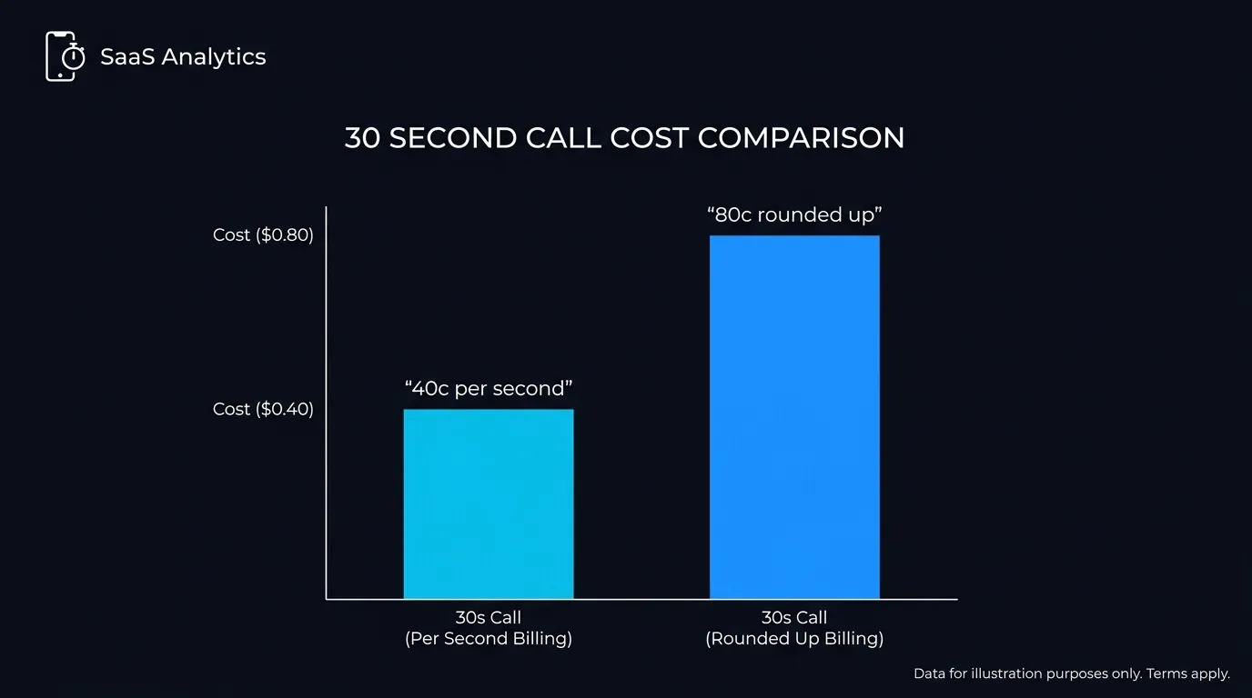 Bar chart comparing per-second billing at 40 cents versus per-minute rounding at 80 cents for a 30 second call