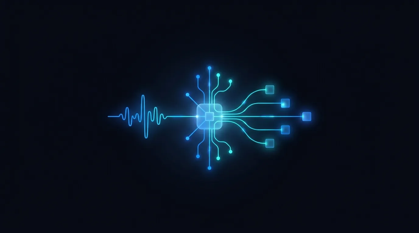 Abstract branded diagram of an AI voice agent knowledge base feeding facts to a live phone call