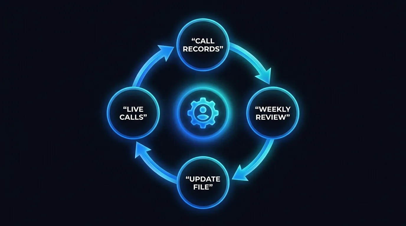 Diagram of a weekly update loop keeping an AI voice agent knowledge base current from call records