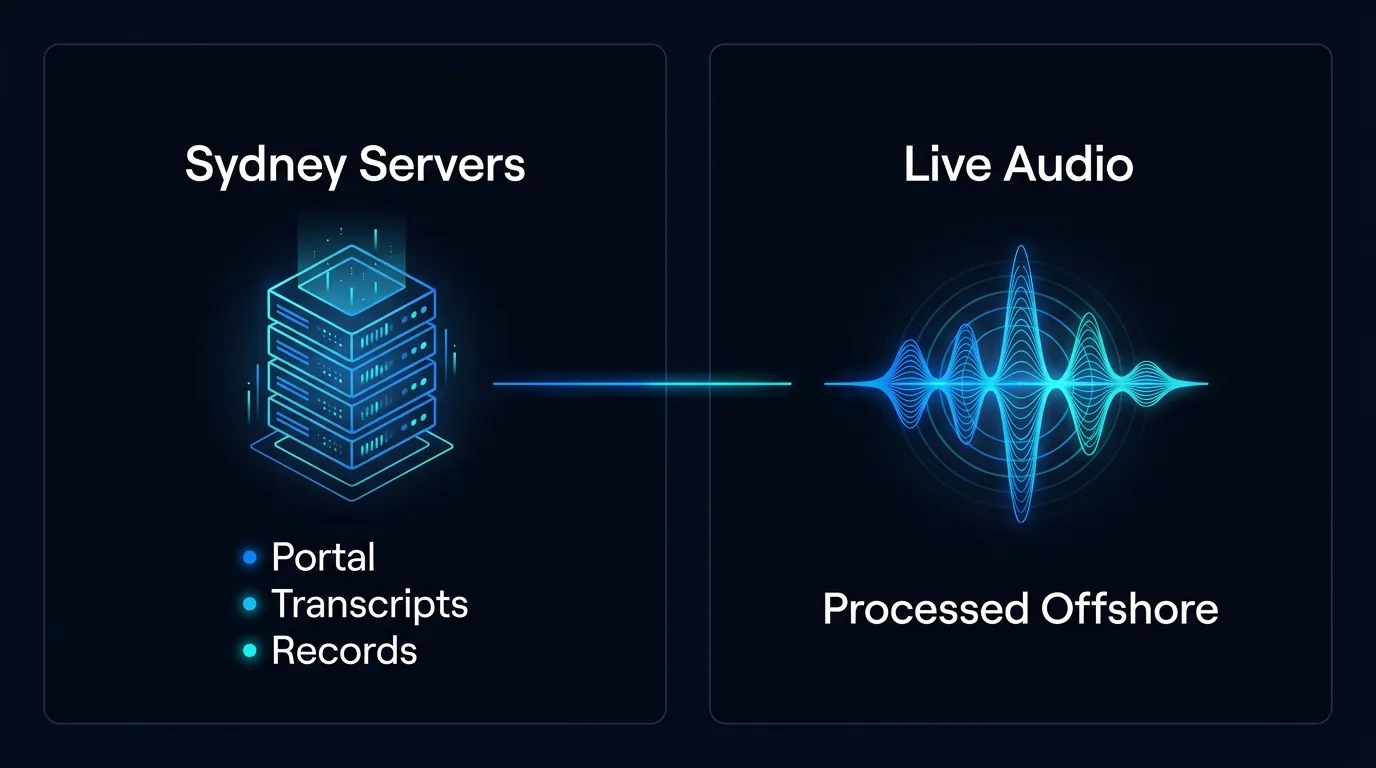 Diagram showing call records stored on Sydney servers and live audio processed offshore