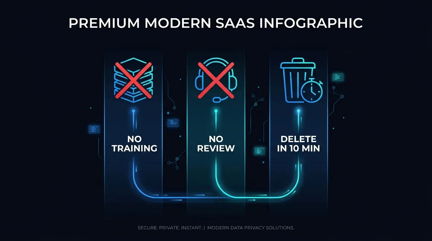 Three pillars of a no-model-training guarantee: no training, no human review, ten-minute deletion