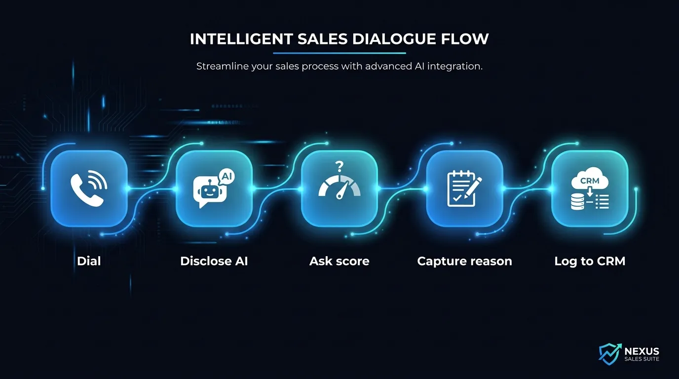 Diagram of an AI voice agent NPS survey call flow from dial to logged score in a CRM