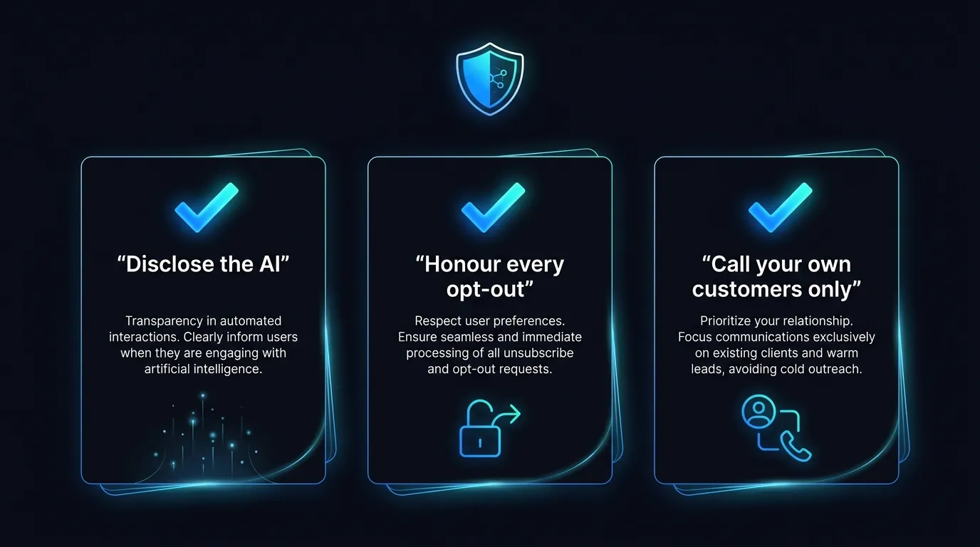 Compliance checklist showing AI disclosure, opt-out honoured, and existing-customer-only survey calling