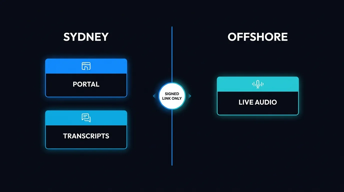 Honest data residency split with Sydney portal and transcripts on one side and offshore live audio on the other